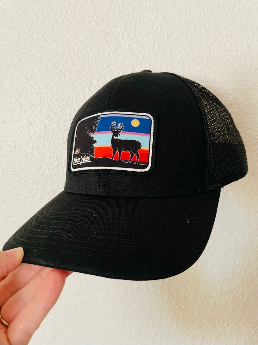 Yee Yee Snapback Trucker Hat Black One Size Adjustable Embroidered Mesh Back
